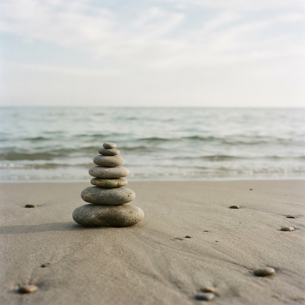 Smooth stacked stones on calm sand near gentle ocean ripples