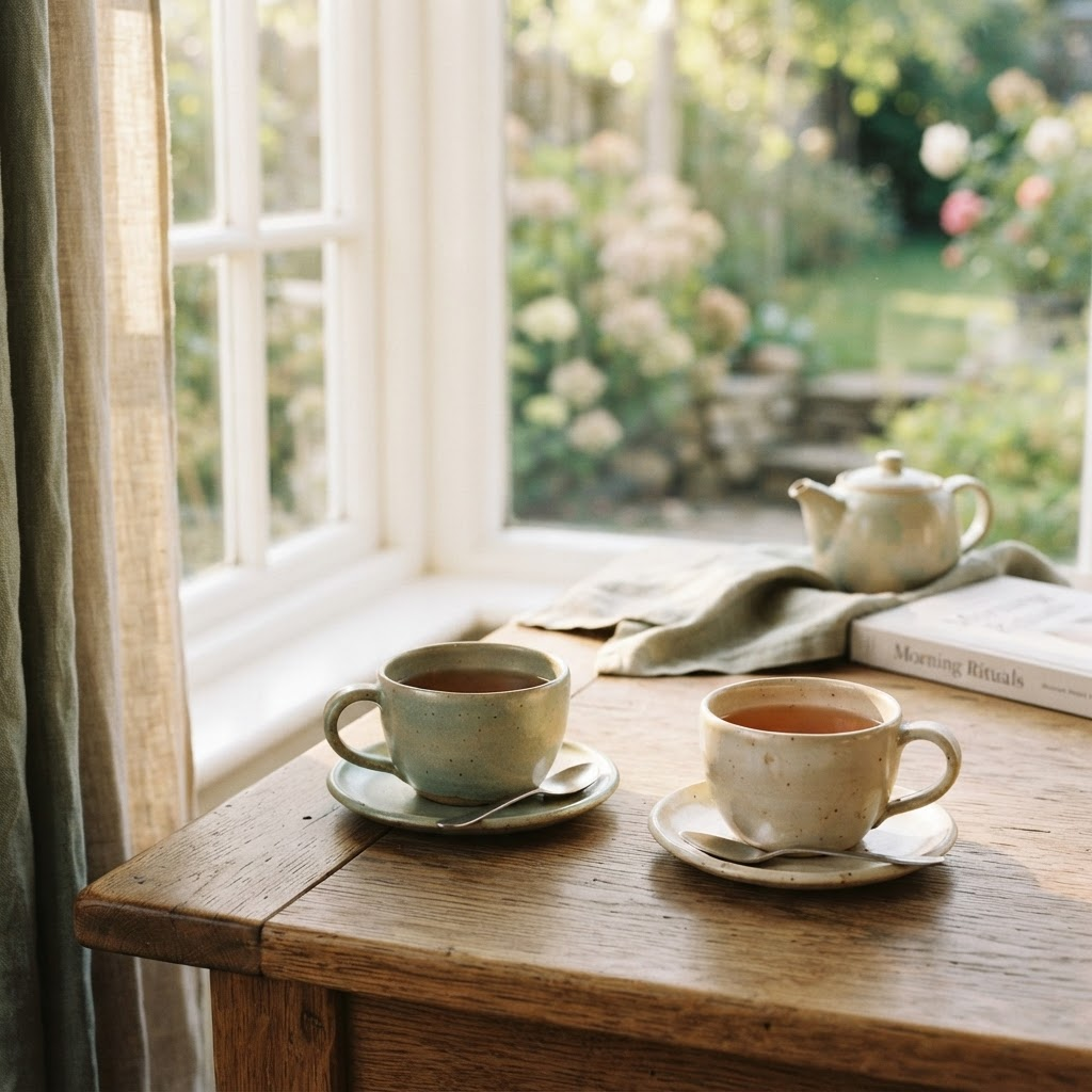 Two ceramic tea cups on a warm wooden table near a window